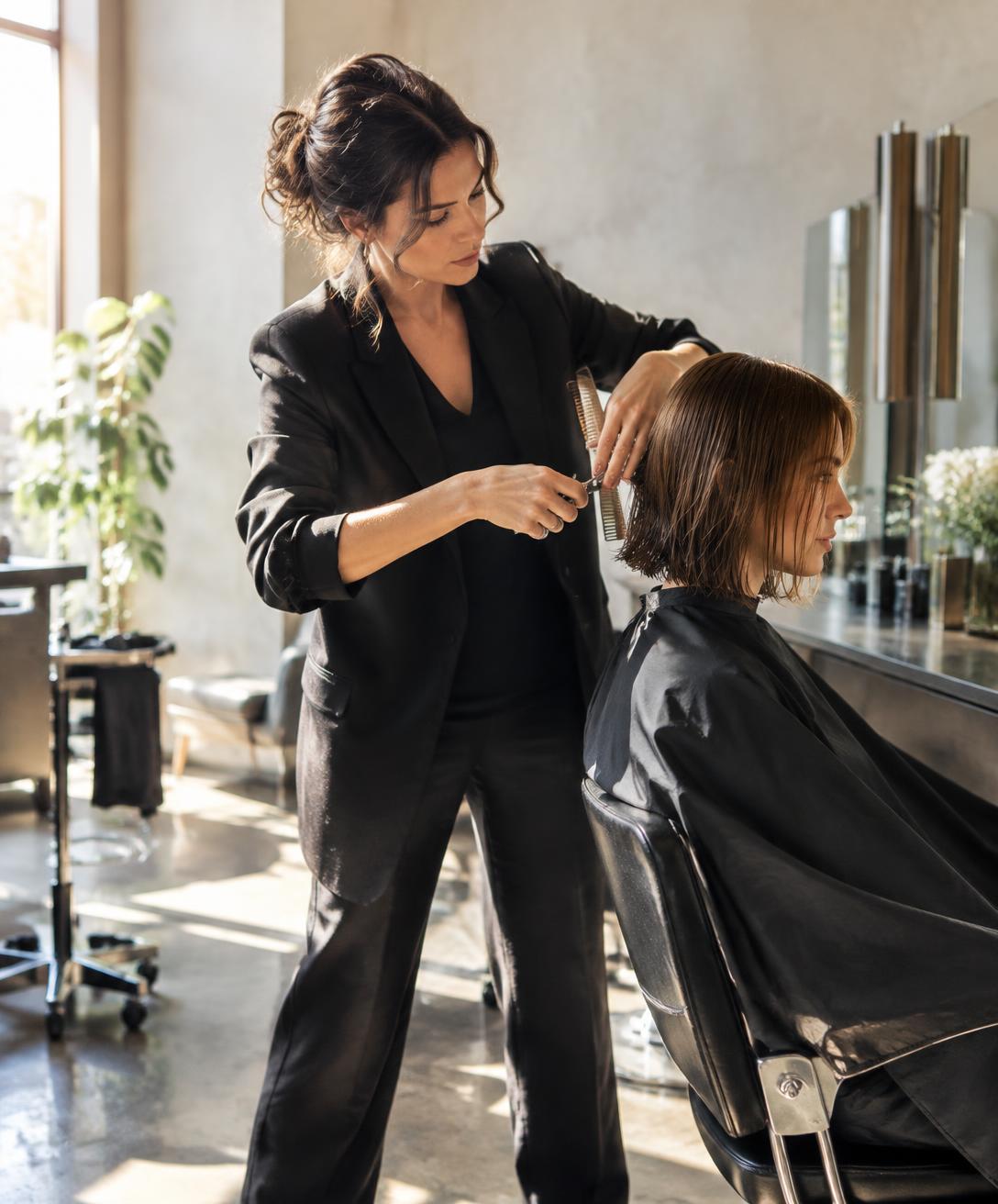 Stylist cutting a client's hair in a bright independent salon